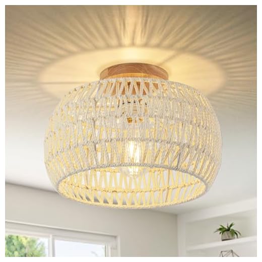 OCWHT Boho Ceiling Light Fixtures Cream White Rattan Chandelier Light Small Rattan Flush Mount Ceiling Light Hand-Woven Chandelier for Nursery Light Fixture Kitchen Farmhouse Bedroom Chandeliers