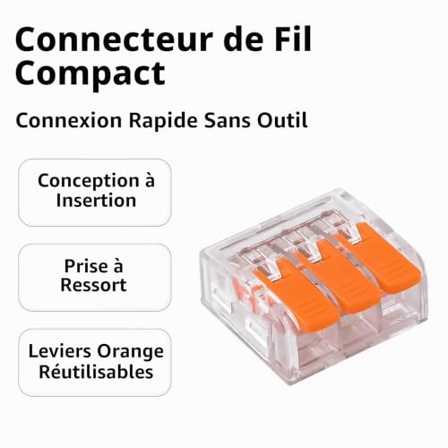 Kit de 50 Connecteurs Électriques à Levier, Bloc de Jonction Compact Inline, Boîtier PA/PC Ignifugé, pour Câbles Fil Rigide/Strandé pour Circuit Domestique, Modèle CMK66 0.2-6mm² 600V 41A (3 Broches) – vue 4