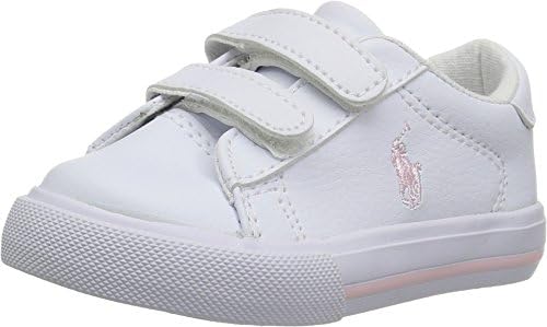 POLO RALPH LAUREN Kids Baby-Girl's Easton II EZ Sneaker, White Tumbled Light Pink pop, 6 Medium US Toddler