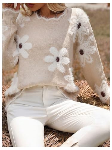 Image of SHENHE Women's Floral Sweater Crewneck Long Sleeve Fuzzy Trim Elegant Sweater Jumper Khaki Medium