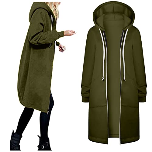Chaqueta larga con capucha para mujer, estilo informal, con cordón, con cremallera, con bolsillos, chaqueta larga, Verde militar., XXL