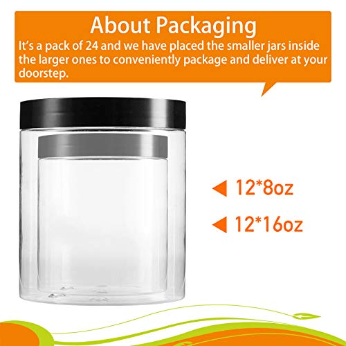 Vivimee 24 Pack Plastic Jars With Lids 16 Oz (12 Pack) & 8 Oz (12 Pack), Clear Plastic Mason Jars, Leakproof Slime Containers For Peanut, Spice, Cookie, Candy And Dry Food, Empty Jars For Storage #TOP6