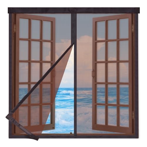 Moustiquaire Magnétique 120x130cm Pour Fenêtre Anti-Insectes avec Bande Adhésive, Rideau à Fermeture Automatique, Marron
