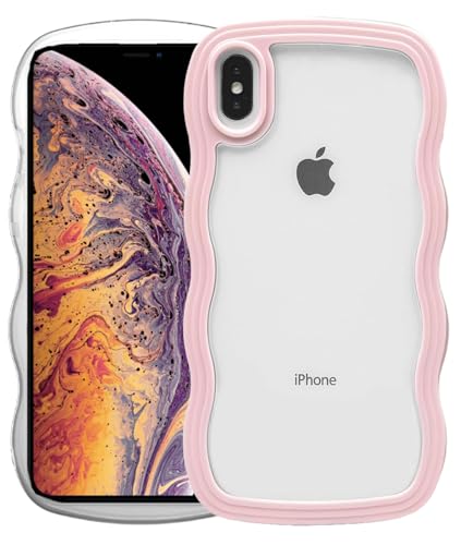 Image of GoldKart iPhone Xs Max Case Wavy Edge Clear Back Design, Anti-Slip Grip Cute Wave Curly Frame Shape Shockproof Soft TPU & Hard PC Bumper Protective Phone Case Cover for Women Girls - Pink