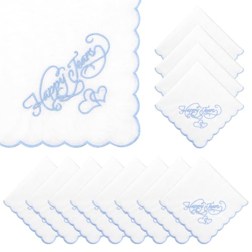Image of 12PCS Embroidered Wedding Handkerchiefs 11" x 11" Happy Tears Cotton White Handkerchiefs with Scallop Lace Edges for Wedding Day Bride