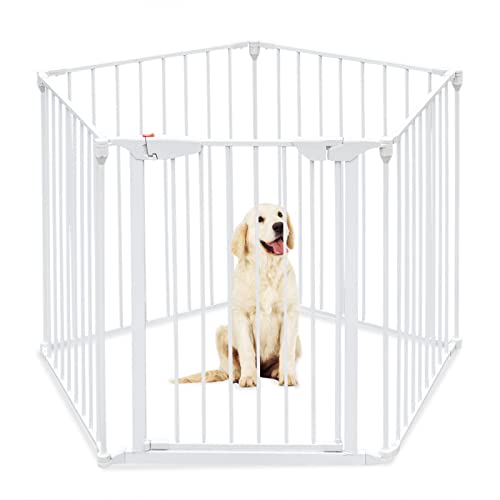 Bonnlo 120-Inch Wide Metal Baby Safety Fence/Play Yard Adjustable Fireplace Hearth Bbq Fire Gate Christmas Tree Gate 5-Panel Playpen For Toddler/Pet/Puppy/Cat/Dog, 25.39"W X 29.3" H Each Panel, White #TOP4
