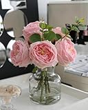 CHASMILE Artificial Flowers with Pink Roses in Vase, Lifelike Fake Flowers in Vase, Faux Flower...