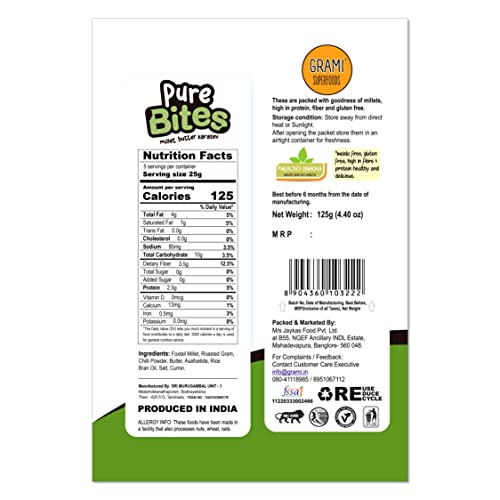 Image of Grami Superfoods Pure Bites Millet Butter Karasev - Pack of 4 (500g) | Healthy Indian Snacks | Millet Snacks | No Maida | No Preservative | High Protein & Fiber Snack | Low GI | Healthy Namkeen For Kids & Adults | Weight Loss Namkeen | Sugar Free | Diabetic Friendly Namkeen