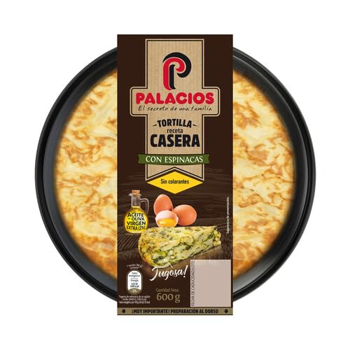 Tortillas PALACIOS, La Tortilla Española con Cebolla y Sin Cebolla, Chorizo, Espinacas,Calabacin y los Pinchos de Tortilla ( Refrigerado) (2 Tortilla de patata con espinacas y AOVE, 600 Gr.)