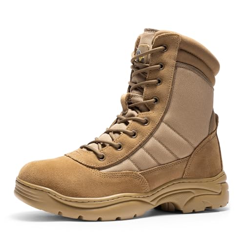 NORTIV 8 Men's Military Tactical Work Boots Side Zipper Leather Motorcycle Combat Boots Trooper,Size 8,Brown,TROOPER