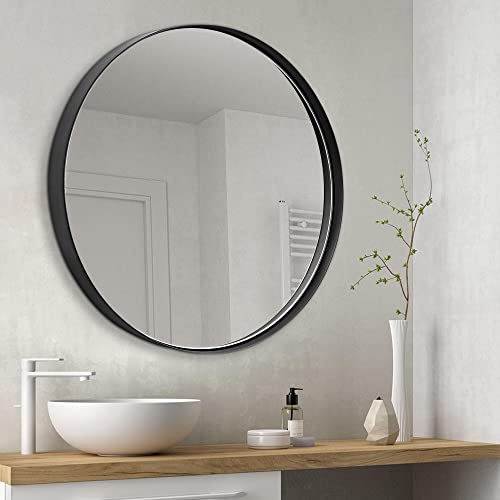 Clavie Bathroom Mirror, Black Round Mirror 24 X 24 Inch Modern Metal Frame Circle Mirror Wall Mounted Decorative Mirror For Bedroom Living Room Entryway #TOP2