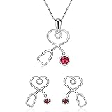 AOBOCO Sterling Silver Stethoscope Jewelry Nurse Necklace and Earrings Set with Simulated Ruby Birthstone Crystals from Austria, Medical Student RN Registered Nurse Gifts for Women