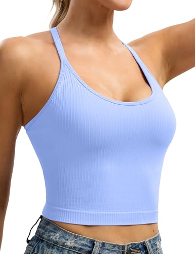 MathCat Cross Back Crop Tank Tops for Women, Longline Seamless Ribbed Padded Sports Bras Light Support — view 4