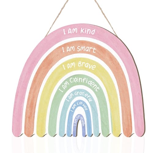CroBlissful Rainbow Classroom Decor Boho Pastel Rainbow Decor Art for Kids with Inspirational Quote Colorful Wood Door Hanging Decoration for Nursery Playroom Bedroom 11.81 x 10.24 Inch(Watercolor)