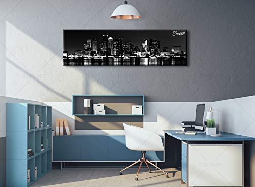 Image of DJSYLIFE Boston Canvas Wall Art Black White Cityscape Decor 13.8 inchx47.3 inch | Panoramic Skyline Print, Ready to Hang for Bedroom, Office, Living Room Decoration