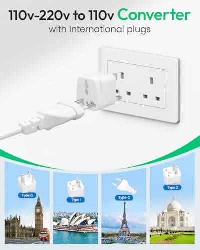Image of 220V to 110V Converter, Universal Travel Adapter with 1 USB A & 2 USB C Ports Fast Charging, 2 AC Sockets and UK /AU /US /EU Worldwide Plug Adapter
