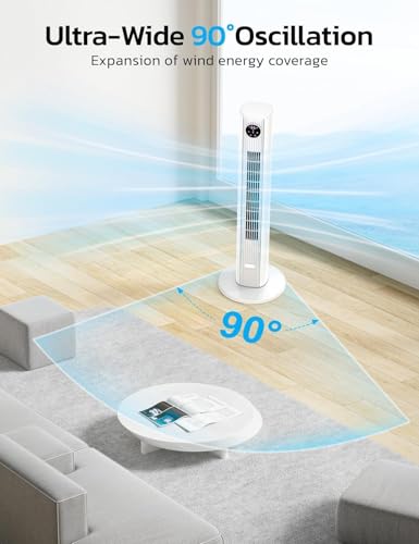 Image of ZAFRO Tower Fan for Bedroom, 90 Oscillating Fan with 3 Speeds, 4 Modes, 25ft /s Velocity, 12H Timer, Standing Fan for Bedroom, Living Room, Office, White, 36 Inches