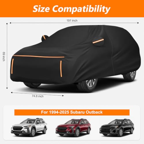 Image of Car Cover for Subaru Outback 1994-2025, 115G PEVA & Black Spunlace Cotton Waterproof Wagon Cover, Fits 1994-2025 All Generations, 210-230 inch, Reflective Strips, Side Zipper, 4 Wheel Straps