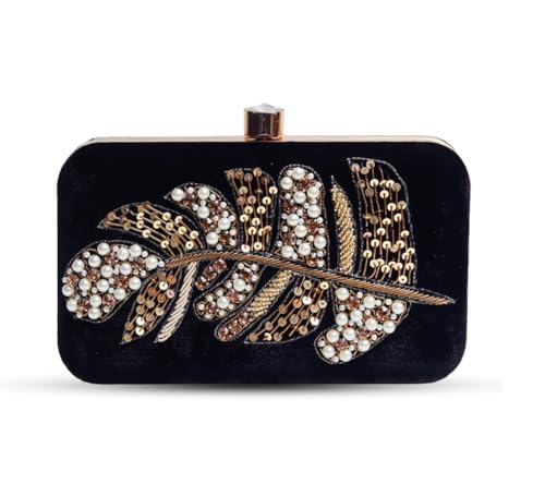 Image of THE TAN CLAN Afrah Hand Embroidered Leaf Clutches Purse Luxury Evening HandBags for Women