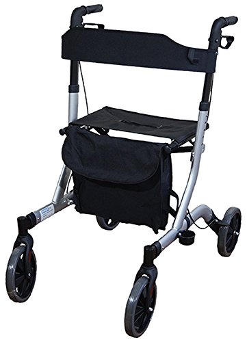Aidapt Deluxe Grey Folding Light Weight 4 Wheeled Rollator Mobility Aid with Seat, Carry Bag, Lockable Brakes, Walking Stick Holder and Puncture Proof TYRES for Indoor and Outdoor use