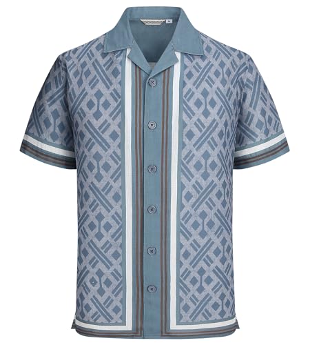 Alex Vando Men’s Linen Blend Short Sleeve Shirt Vintage Printed Beach Button Down Resort Vacation Casual Shirts,Blue Diamond,XL