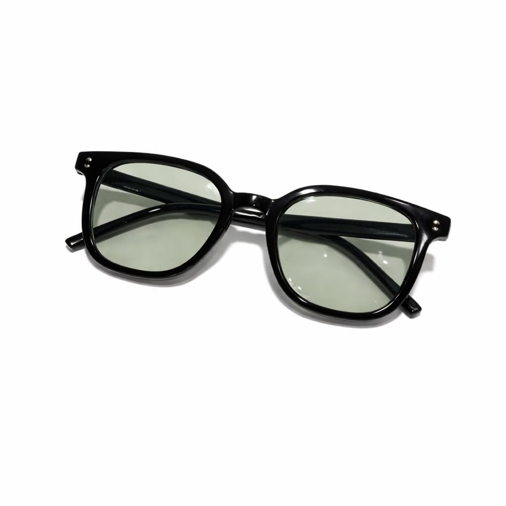 Once&More Unisex Black Square Sunglasses with Green Tinted UV400 Lenses | Lightweight Full Rim Retro Fashion Eyewear for M...