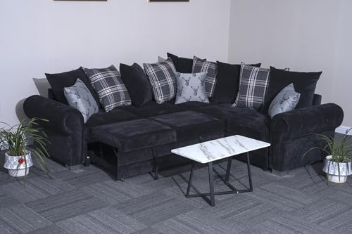Verona L-Shaped Corner Sofa Bed with Pull-Out Sleeper and Scatter Back Cushions For Living Rooms (Black)