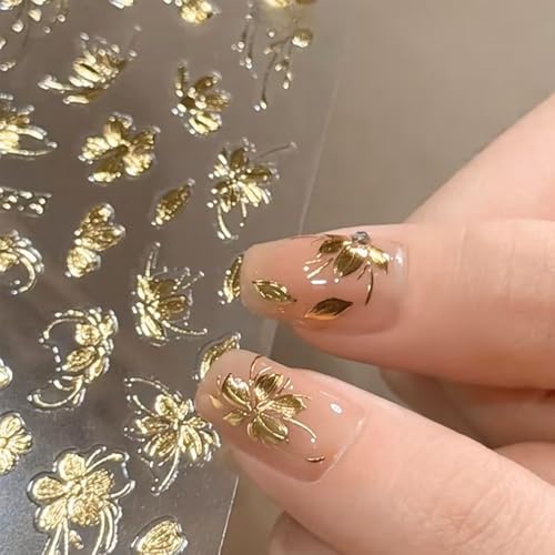 4PCS Vintage Golden Foil Nail Art Stickers Peony Nail Art Decals 3D Self-Adhesive Flower Nails Stickers with Jade Leaf Design for Women Accessories Supplies Wedding Spring DIY Acrylic Nails Decoration