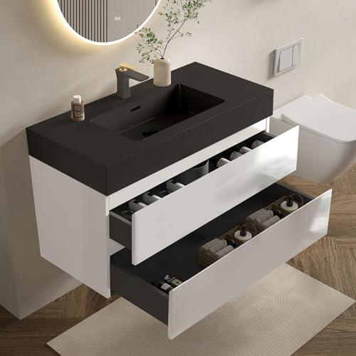 BLUHOUZZ Pre-Assembled 36" Floating Bathroom Vanity with Black Sink White