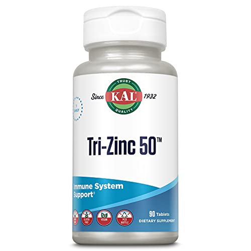Kal Tri Zinc 50Mg W/Zinc Citrate, Zinc Amino Acid Chelate And Zinc Picolinate, Healthy Metabolism And Immune Support Supplement, Vegan, Gluten Free, Non-Gmo, 60-Day Guarantee, 90 Servings, 90 Tablets #TOP10