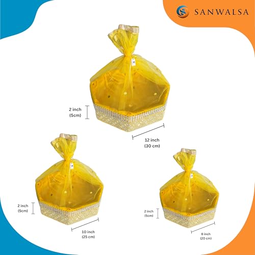 Image of (Set of 3-8 inch,10 inch,12 inch inch, Hexagon, Stone Lace, Color-Yellow) MDF Base Designer Gift Hamper Packaging Baskets with Net Cover, Gift Hamper Organiser Perfect for Any Occasion