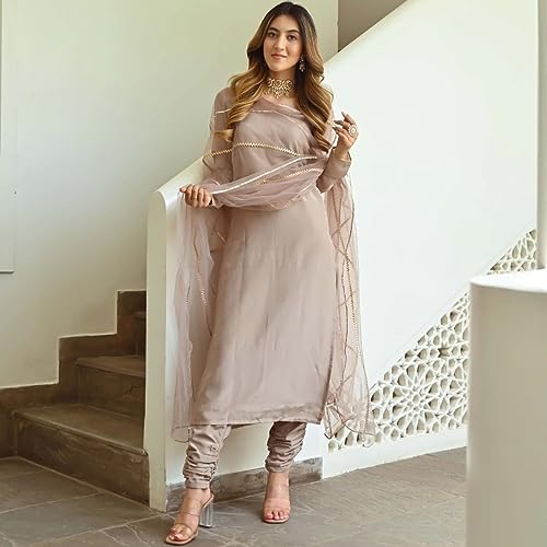 Image of GoSriKi Women's Cotton Blend Straight Solid Kurta with Pant & Dupatta