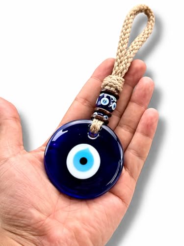 Evil Eye Hanging for Home & Car | Nazar Suraksha Blue Glass Decor with Rope & Beads | Good Luck Protection Charm | Door Wall Hanging | Spiritual Gift 