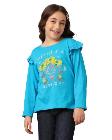 Image of Under Fourteen Only Girls Full Sleeve Knit Top | Stylish Ruffle Cap Detail on Shoulder | Soft & Comfortable Knit T-Shirt for Girls | Casual Wear | Blue Moon (4-5 Years)