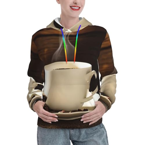 Sweat à capuche imprimé tasse de café et grains de café pour femme avec poche