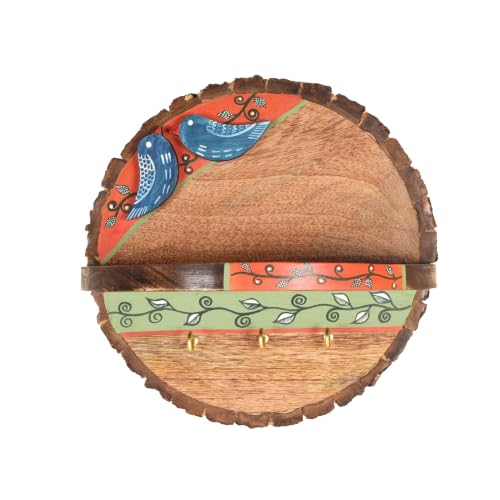 Image of AAKRITI ART CREATIONS Love Birds Wall Decor Shelf Cum Key Hanger | Rustic Wooden Wall Organizer with 3 Hooks | New Home Gifts | Multifunctional Entryway Decor Item
