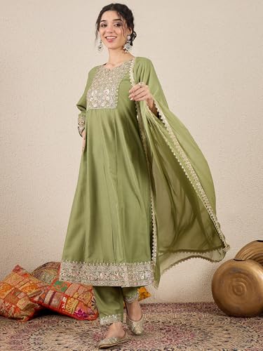 Image of VredeVogel Women's Silk Blend Embroidered Anarkali Kurta with Pant & Dupatta Set | Festive & Casual Women Ethnic Kurta Set for Women
