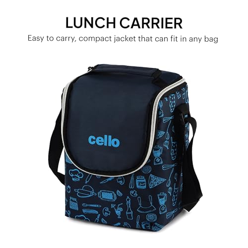 Image of CELLO Complete Meal Lunch Box Set with Jacket for Office Use Blue | 3 x 300ml Steel Container, 1 x 130ml Pickle Container, 500ml Water Bottle with Spoon & Fork | Airtight Tiffin Box Set for Daily Use