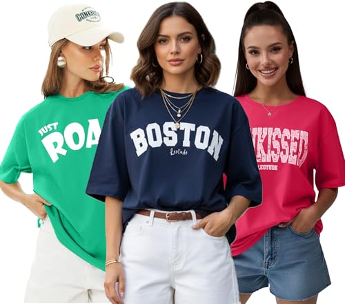 Image of LEOTUDE Half Sleeve Cottonblend Oversized Tshirt for Women, Round Neck
