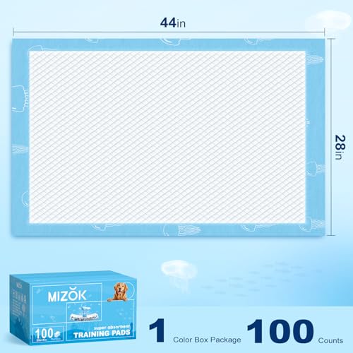 Image of MIZOK Dog Pee Pads 28x44in Dog Pads XXL Super Absorbent Up to 12 Cups Marine Scented Odor-Control Pee Pads with Jellyfish Pattern, Quick Dry & Leak-Proof (100 Counts)