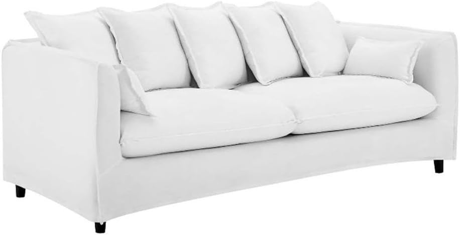 Pemberly Row Modern Wood and Fabric Slipcover Sofa, White Finish, 75" Wide, Polyester Upholstery, Foam Padding, Sinuous Spring Support, Black Legs, 7 Throw Pillows, Living Room Seating