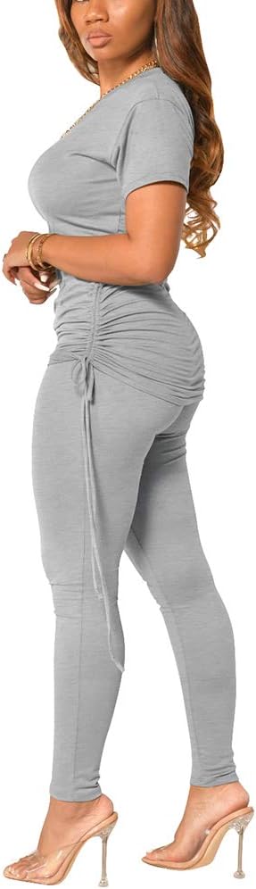 BFFBABY Women's Casual 2 Piece Sport Outfits Short Sleeve T-shirt Bodycon Long Pants Joggers Tracksuit Set Loungewear Small D92-gray