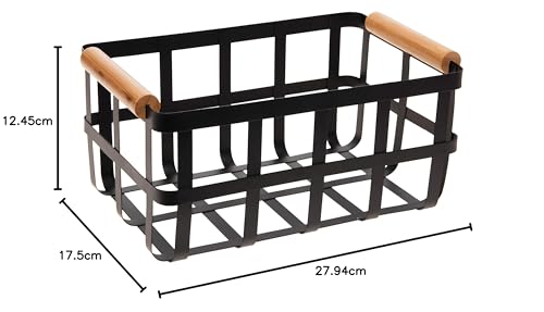 Simplify Cesto Portaoggetti In Metallo Con Manici In Bambù, Stile Rustico, In Ferro, Nero, L - 5