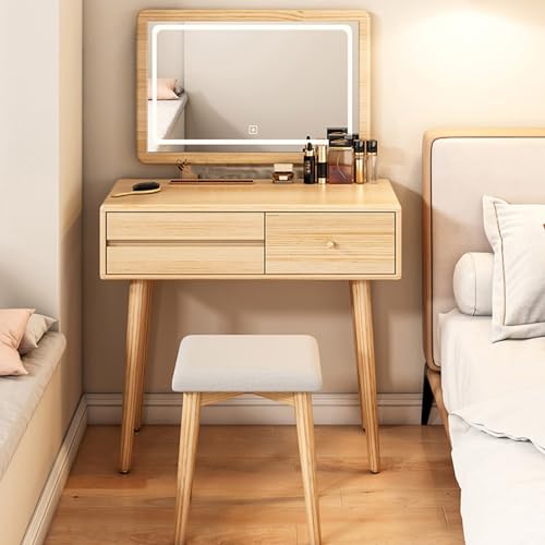 Mesa de tocador de maquillaje con luz LED con brillo ajustable, incluye taburete, muebles de dormitorio elegantes para niñas y mujeres, elegante tocador con espejo