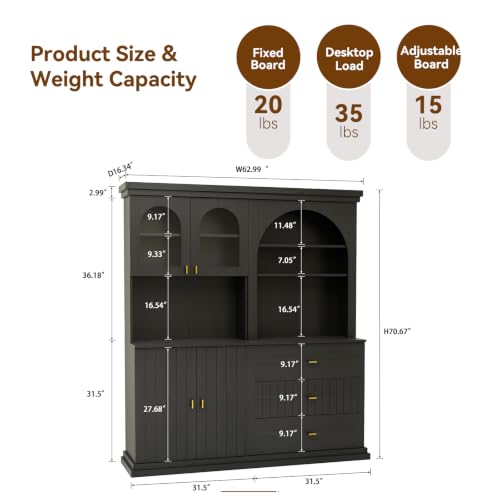 Image of ivaniti 71 inch Arched Kitchen Pantry Cabinet Set of 2, Black Freestanding Storage Hutch Combination with 1 Glass-Door Coffee Bar Cabinet and 1 Three-Drawer Open Shelf Cabinet for Kitchen