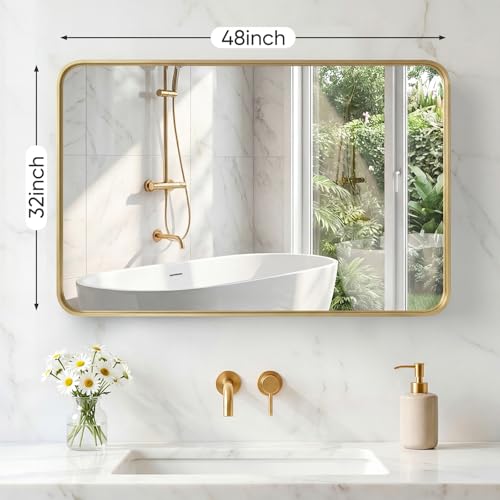 Image of Sweetcrispy Bathroom Mirror 48x32 Inch Metal Framed Rounded Rectangle Vanity Mirror for Wall, Over Sink, Farmhouse, Restroom, Anti-Rust, Modern Decorative, Horizontal or Vertical Hanging, Gold