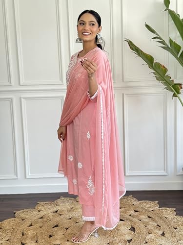 Image of Yashika Women Peach Chikankari Work with Pure Cotton Fabric Straight Kurta, Pant and Dupatta Set | Kurta Set for Women