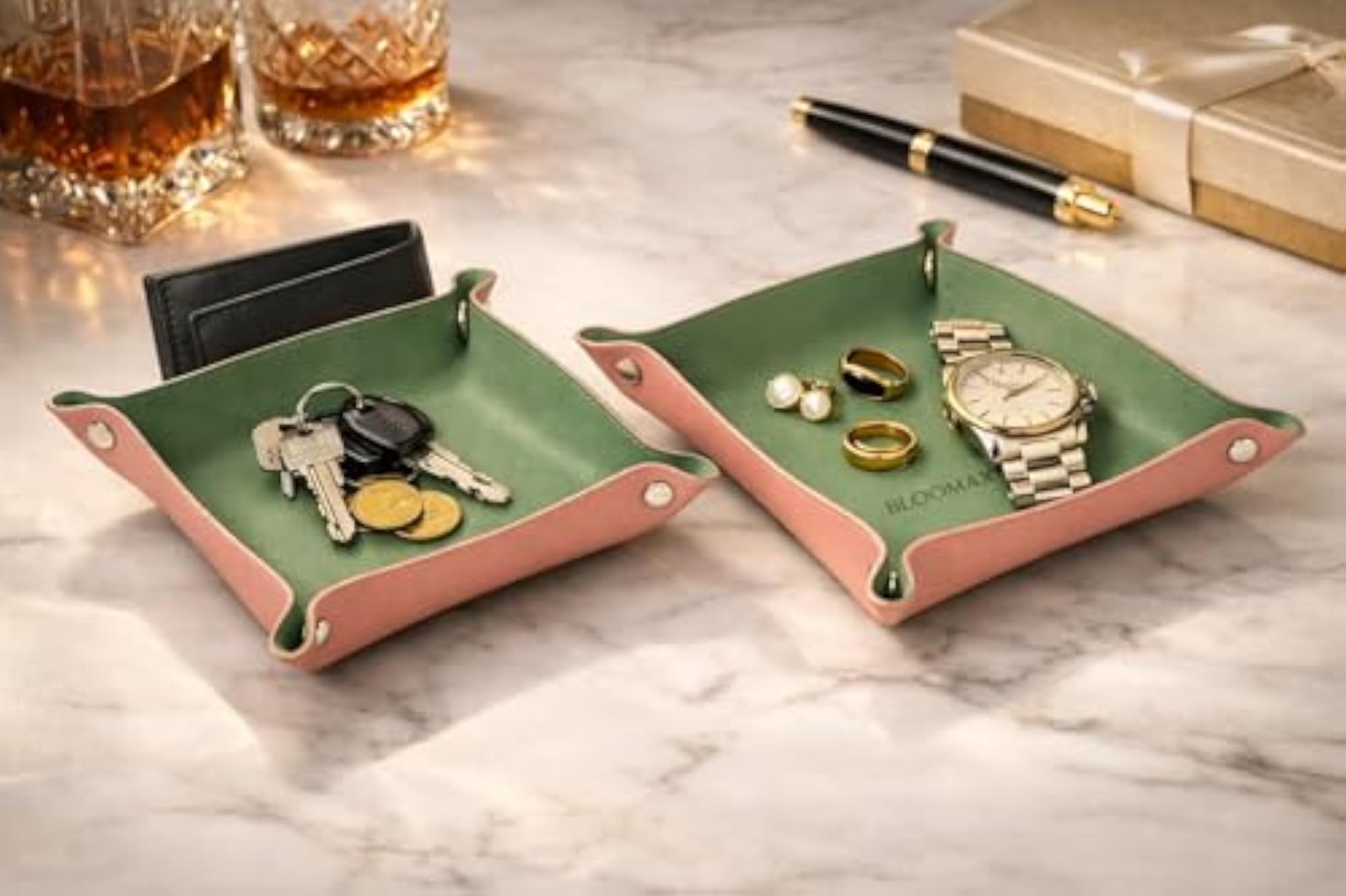 Leather Valet Tray Set, Foldable Catchall Organizer