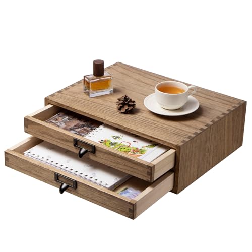 KIRIGEN Cajas de madera para cajones planos de archivos, cajas de almacenamiento con compartimentos, montaje sin herramientas 2 niveles/2 cajones color marrón