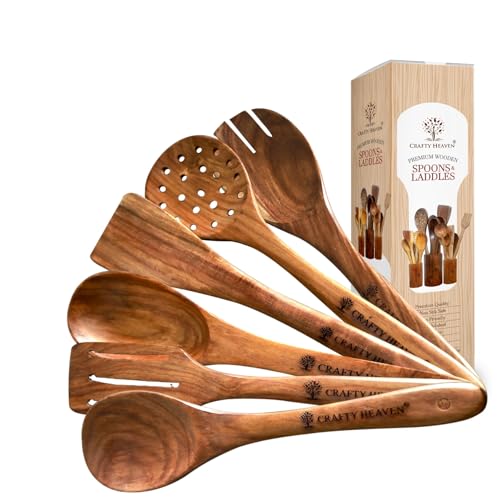 Image of Wooden Spatualas & Ladles Set of 6 | Sheesham Wood Utensils for Cooking | Non-Stick Cookware Safe | Wooden Spoon Set | Handmade Kitchen Tools | Heat Resistant | Made in India